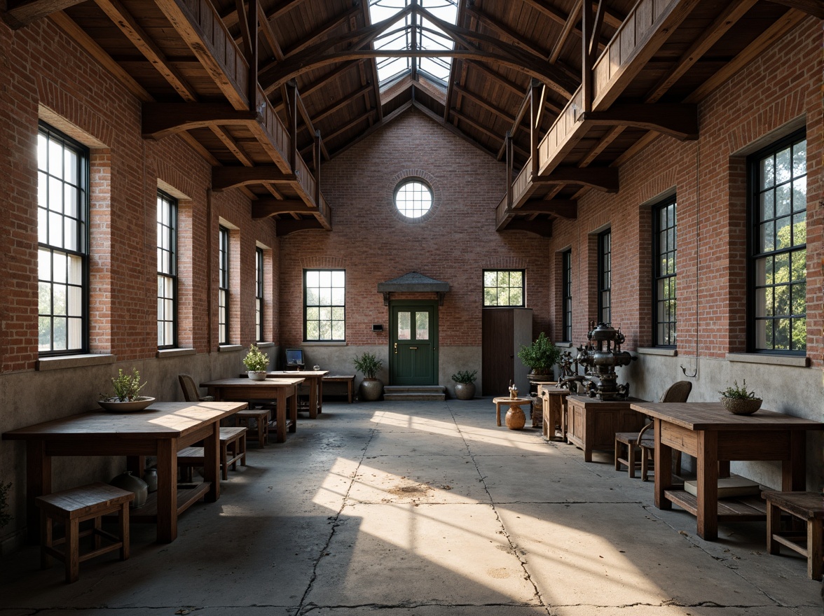 Prompt: Rustic warehouse, exposed brick walls, wooden beams, metal trusses, industrial windows, steel frames, concrete floors, vintage machinery, distressed finishes, earthy tones, natural lighting, soft shadows, 1/1 composition, realistic textures, ambient occlusion, atmospheric perspective.