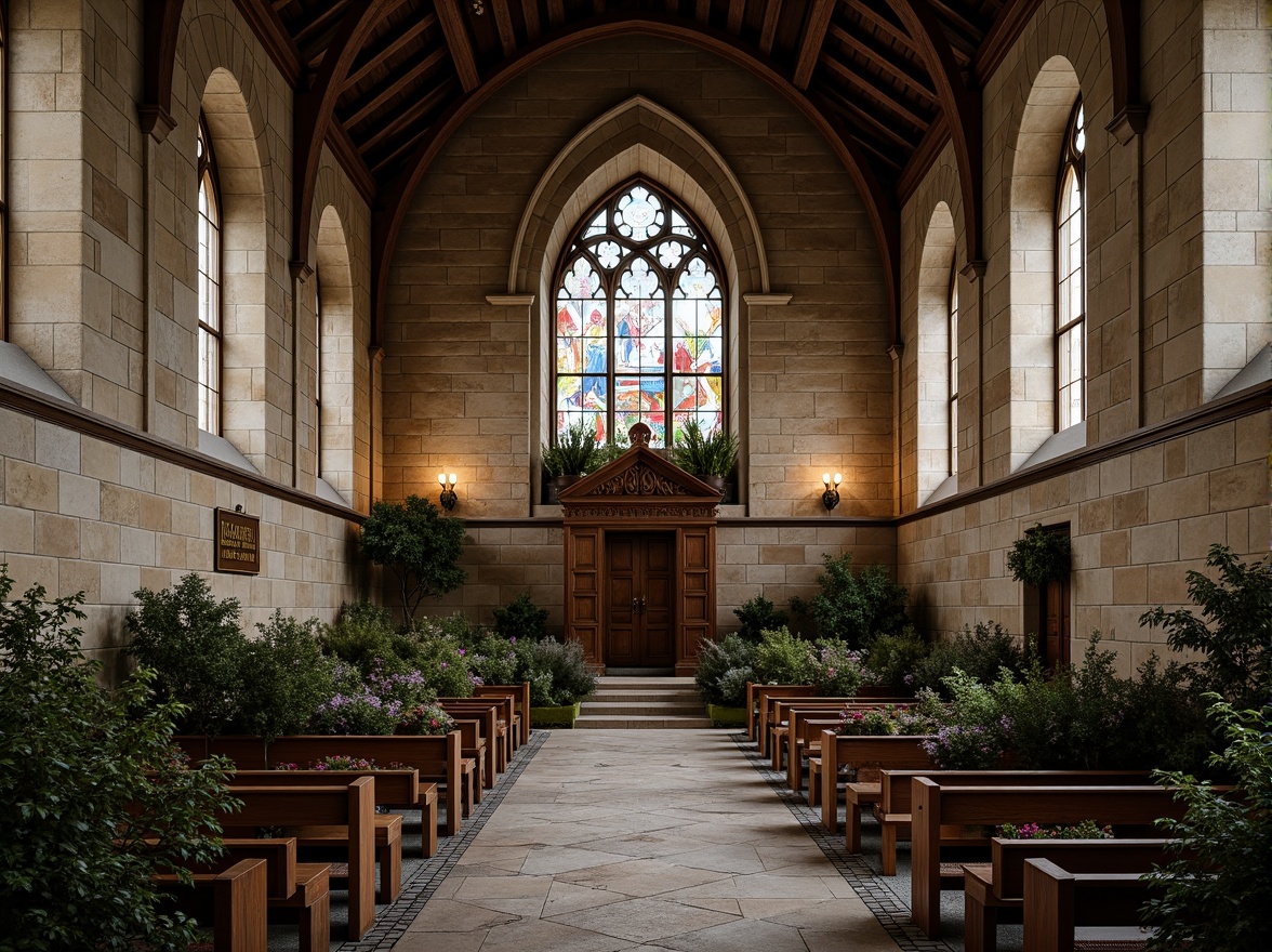 Prompt: Historic church facade, rustic stone walls, ornate Gothic arches, stained glass windows, grand entrance doors, intricately carved wooden pews, vaulted ceilings, warm ambient lighting, soft natural textures, earthy color palette, aged brick patterns, moss-covered stones, lush greenery surroundings, serene atmosphere, peaceful ambiance, dramatic architectural details, rich cultural heritage, classical music echoes, subtle spiritual nuances.