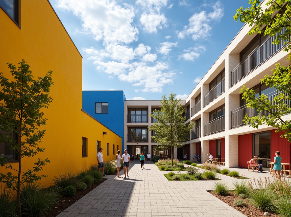 Prompt: Vibrant community center, Bauhaus-inspired architecture, bold primary colors, bright yellow walls, deep blue accents, rich red doors, neutral beige backgrounds, modernist geometric patterns, clean lines, minimal ornamentation, functional design, natural light, industrial materials, exposed brick textures, metal frames, communal outdoor spaces, lush greenery, sunny day, soft warm lighting, shallow depth of field, 3/4 composition, panoramic view, realistic textures, ambient occlusion.