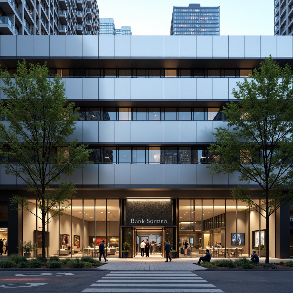 Prompt: Contemporary bank building, sleek glass facade, metallic frames, horizontal lines, neutral color scheme, minimalist ornamentation, grand entrance, revolving doors, modern LED signage, urban cityscape, busy streets, morning sunlight, soft shadows, shallow depth of field, 1/1 composition, realistic materials, ambient occlusion, subtle texture details.