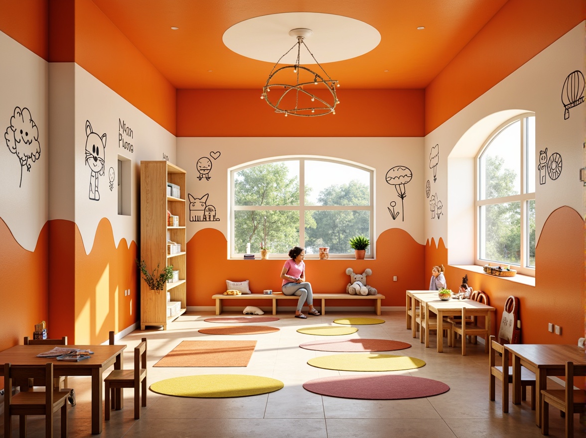 Prompt: Vibrant kindergarten interior, warm orange accents, playful rounded shapes, soft creamy whites, bold black outlines, educational wall graphics, colorful rug patterns, wooden tables and chairs, cozy reading nooks, natural light pouring in, warm sunny atmosphere, shallow depth of field, 1/1 composition, realistic textures, ambient occlusion.