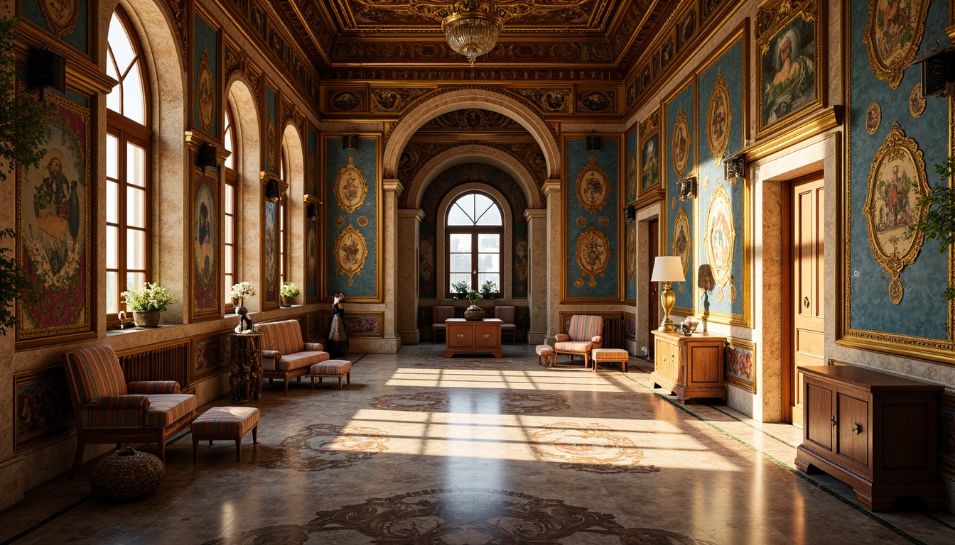 Prompt: Intricate Byzantine mosaics, gold leaf accents, ornate marble floors, vaulted ceilings, grand archways, luxurious textiles, opulent furnishings, lavish decorations, rich jewel tones, warm golden lighting, soft focus, shallow depth of field, 2/3 composition, ornate frames, realistic textures, ambient occlusion.