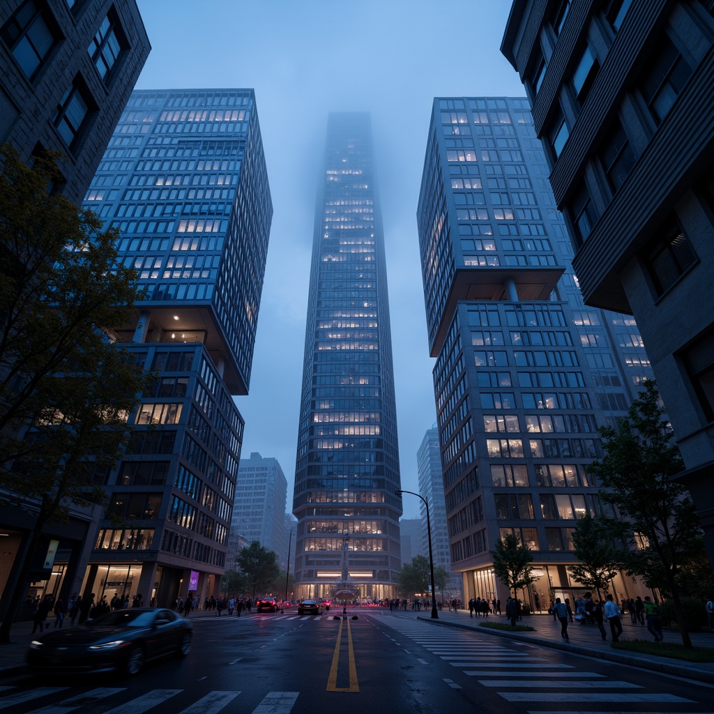 Prompt: Monochromatic skyscrapers, sleek metallic towers, bold minimalist architecture, vibrant neon lights, abstract geometric patterns, urban cityscape, misty evening atmosphere, cinematic low-angle shot, dramatic chiaroscuro lighting, deep blues and purples color palette, modernist brutalism style, functional design, industrial materials, steel beams, concrete structures, angular lines, futuristic ambiance, atmospheric fog effects.