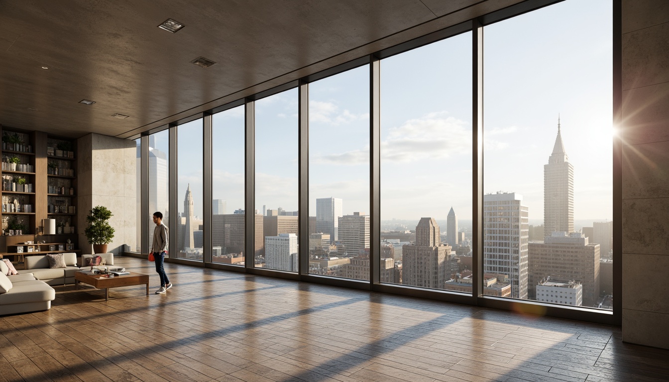 Prompt: Floor-to-ceiling windows, abundant natural light, panoramic views, modern minimalist interior, sleek window frames, reflective glass surfaces, urban cityscape, bustling streets, skyscrapers, sunny day, soft warm lighting, shallow depth of field, 3/4 composition, realistic textures, ambient occlusion.