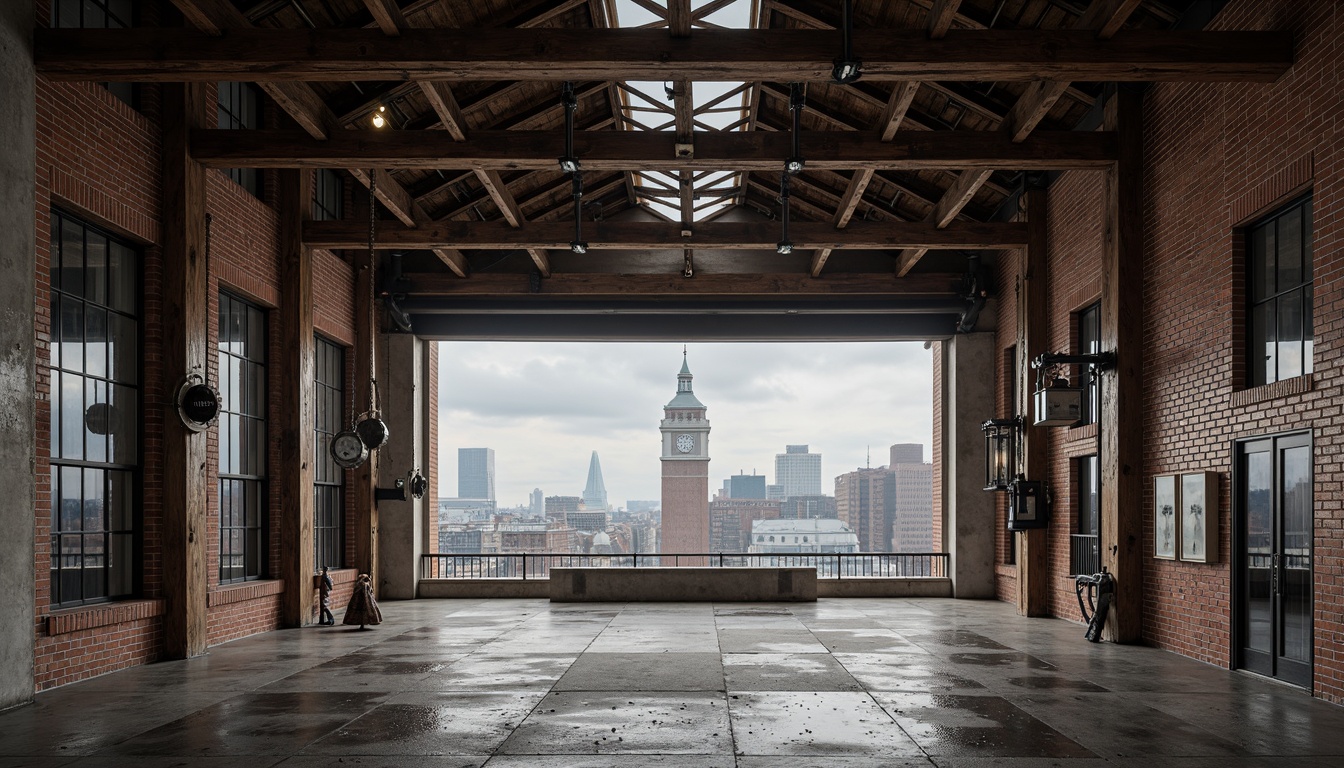 Prompt: Exposed brick fa\u00e7ade, industrial steel beams, wooden ceiling trusses, concrete floors, large metal windows, riveted columns, vintage pulley systems, distressed wood accents, ornate ironwork, classic cornice details, urban cityscape backdrop, overcast sky, dramatic shadowing, high-contrast lighting, 2/3 composition, symmetrical framing, gritty textures, atmospheric mist.