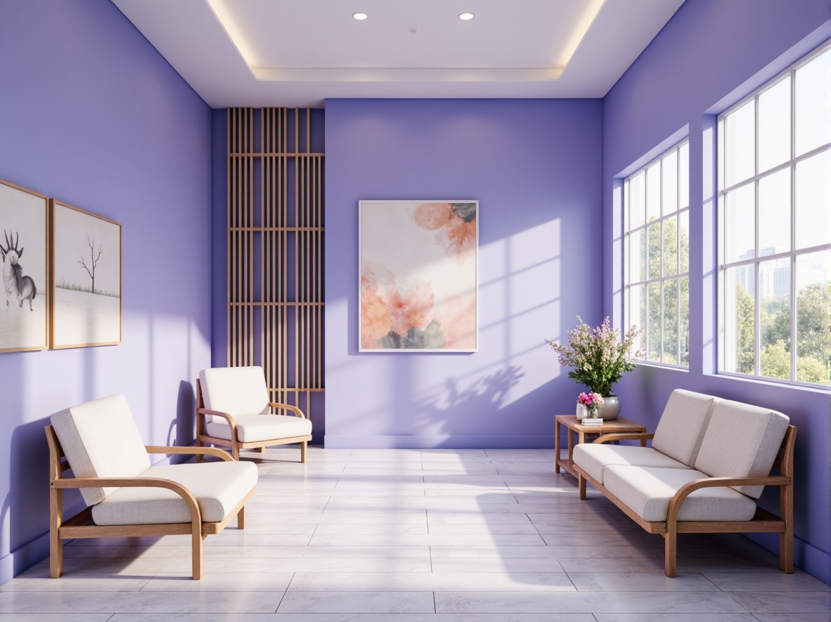 Prompt: Soothing clinic interior, calming blue violet color scheme, gentle lavender hues, soft peach accents, creamy white furniture, natural wood textures, subtle geometric patterns, modern minimalist decor, large windows, abundant natural light, peaceful ambiance, serene atmosphere, soft focus blur, shallow depth of field, 1/1 composition, realistic rendering, ambient occlusion.