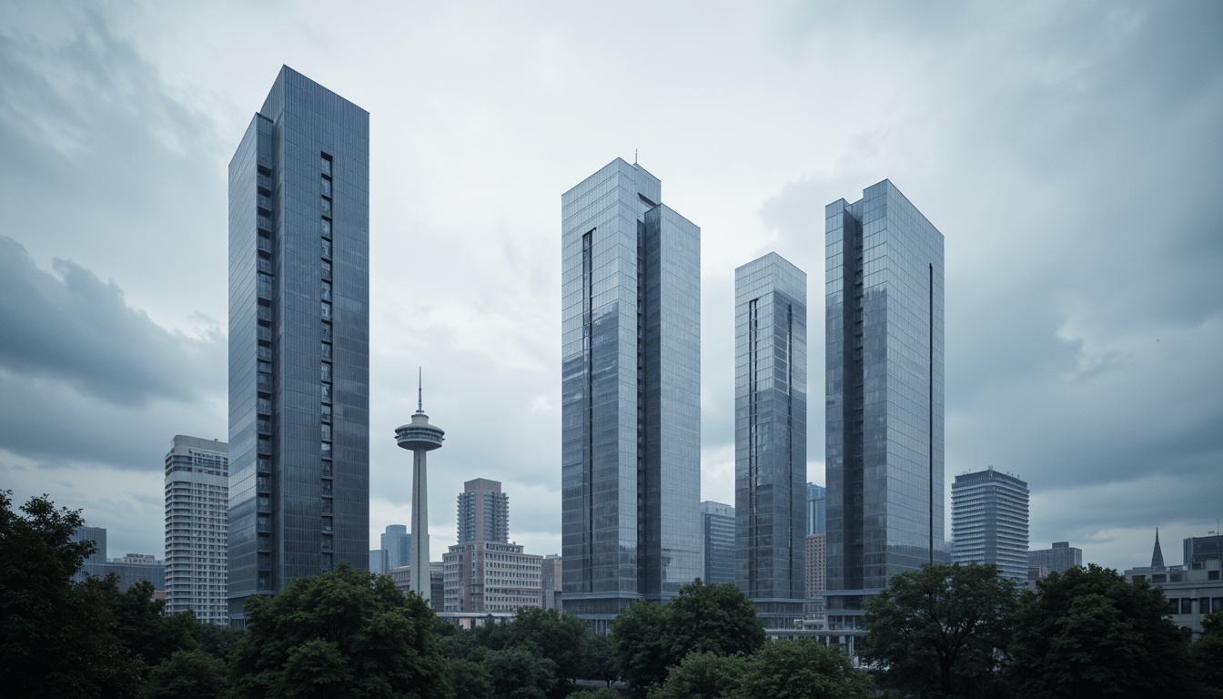 Prompt: Monochromatic watching towers, sleek metallic structures, bold geometric shapes, industrial materials, urban cityscape, cloudy grey sky, dramatic shading, high-contrast lighting, 3/4 composition, cinematic camera angle, realistic reflections, ambient occlusion, minimalist color palette, deep blues and whites, subtle gradients, futuristic atmosphere.