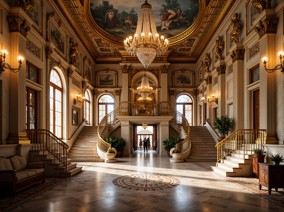 Prompt: Ornate palace facade, grandiose entrance gates, sweeping staircases, dramatic arches, ornamental columns, gilded details, richly patterned marble floors, vaulted ceilings, frescoed walls, crystal chandeliers, intricate carvings, lavish furnishings, symmetrical composition, warm golden lighting, shallow depth of field, 1/1 composition, realistic textures, ambient occlusion.