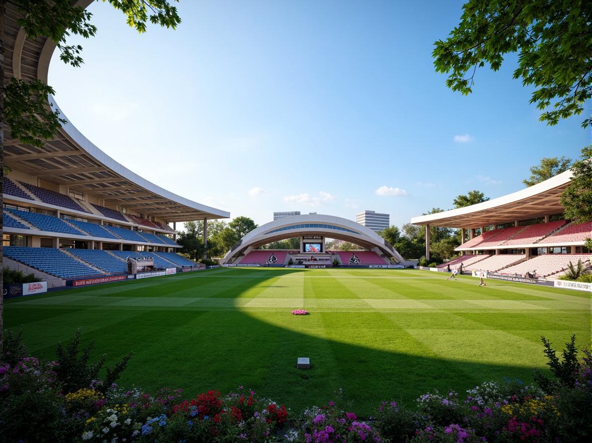 Prompt: Lush green grass, international soccer stadium, modern architecture, curved lines, sleek metal structures, transparent roofs, vast open spaces, natural stone walkways, vibrant colorful seats, dynamic lighting systems, evening ambiance, shallow depth of field, 3/4 composition, panoramic view, realistic textures, ambient occlusion, tropical plants, palm trees, exotic flowers, warm sunny day, clear blue sky, misting systems, shaded outdoor spaces, innovative irrigation systems, eco-friendly materials.