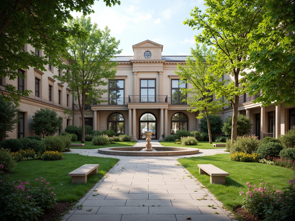 Prompt: Elegant museum courtyard, lush greenery, manicured lawns, ornamental fountains, walking paths, stone benches, historic buildings, classical architecture, grand entrance gates, decorative ironwork, symmetrical gardens, vibrant flowerbeds, tranquil ambiance, soft natural lighting, shallow depth of field, 1/1 composition, realistic textures, ambient occlusion.