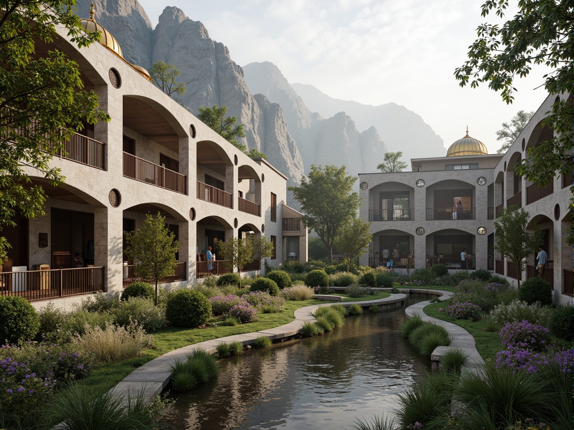 Prompt: Majestic mountainous Byzantine-style community center, intricately patterned stone walls, golden domes, grand archways, lush greenery, vibrant flowers, meandering pathways, tranquil water features, natural rock formations, wooden bridges, scenic overlooks, misty atmosphere, soft warm lighting, shallow depth of field, 1/2 composition, realistic textures, ambient occlusion.