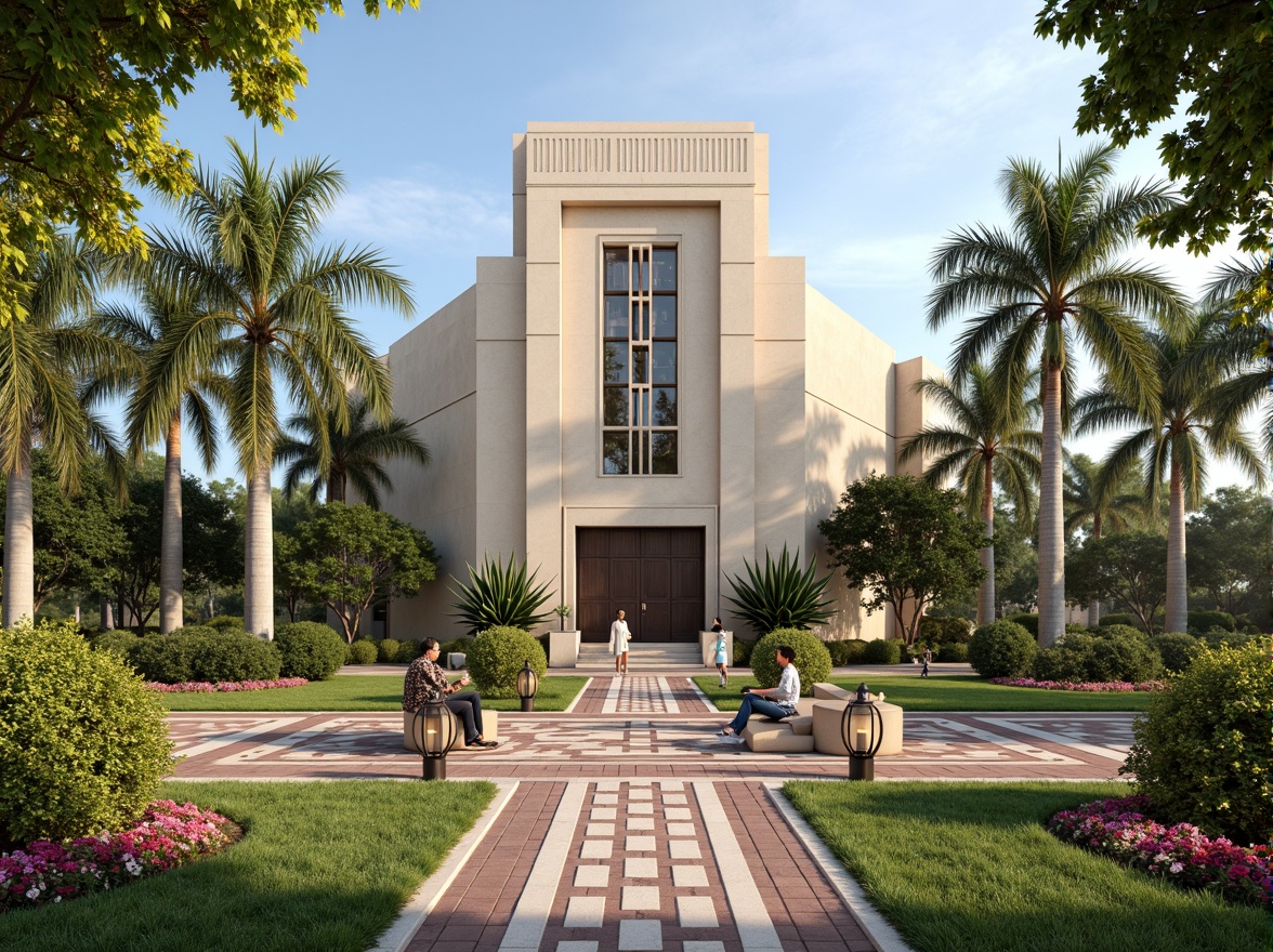 Prompt: Elegant Art Deco church facade, ornate stone carvings, symmetrical gardens, manicured lawns, vibrant flowerbeds, geometric-patterned pathways, bronze statues, lantern-style streetlights, vintage-inspired benches, lush greenery, tropical palm trees, sunny day, soft warm lighting, shallow depth of field, 1/2 composition, realistic textures, ambient occlusion.