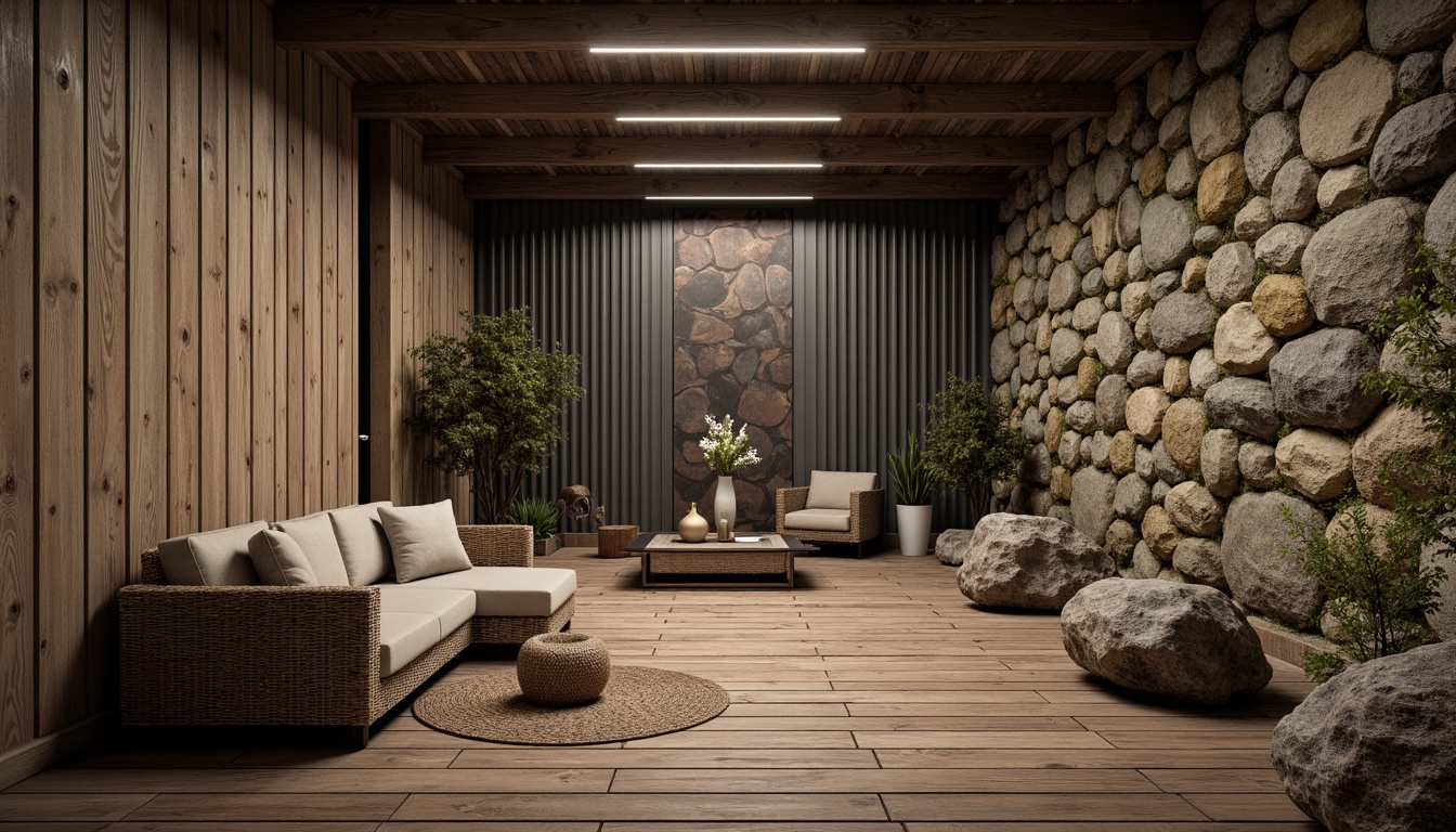 Prompt: Rustic wooden planks, weathered stone walls, rough-hewn boulders, moss-covered rocks, distressed metal panels, corrugated iron sheets, woven wicker furniture, natural fiber textiles, earthy color palette, warm ambient lighting, subtle shading, 1/2 composition, realistic material rendering, atmospheric perspective.