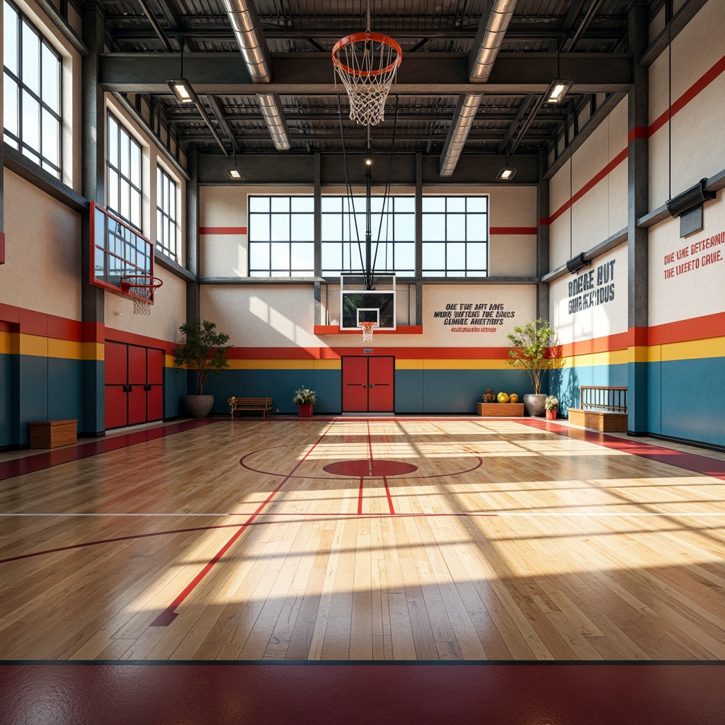 Prompt: Modern gymnasium interior, polished wooden floors, athletic track lines, sports equipment, basketball hoops, vibrant color accents, motivational quotes, natural light pouring in, large windows, minimalist steel beams, industrial-style lighting fixtures, exposed ductwork, acoustic ceiling panels, sound-absorbing materials, dynamic angular shapes, bold typography, energetic atmosphere, high-contrast lighting, shallow depth of field, 2/3 composition, realistic textures, ambient occlusion.