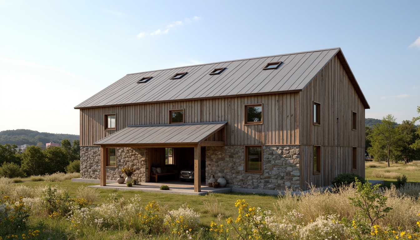 Prompt: Rustic barn architecture, reclaimed wood fa\u00e7ade, galvanized metal roofs, weathered stone walls, earthy color palette, natural ventilation systems, large skylights, clerestory windows, exposed wooden beams, minimal ornamentation, functional simplicity, countryside surroundings, rolling hills, wildflower meadows, sunny afternoon, soft warm lighting, 1/1 composition, realistic textures, ambient occlusion.