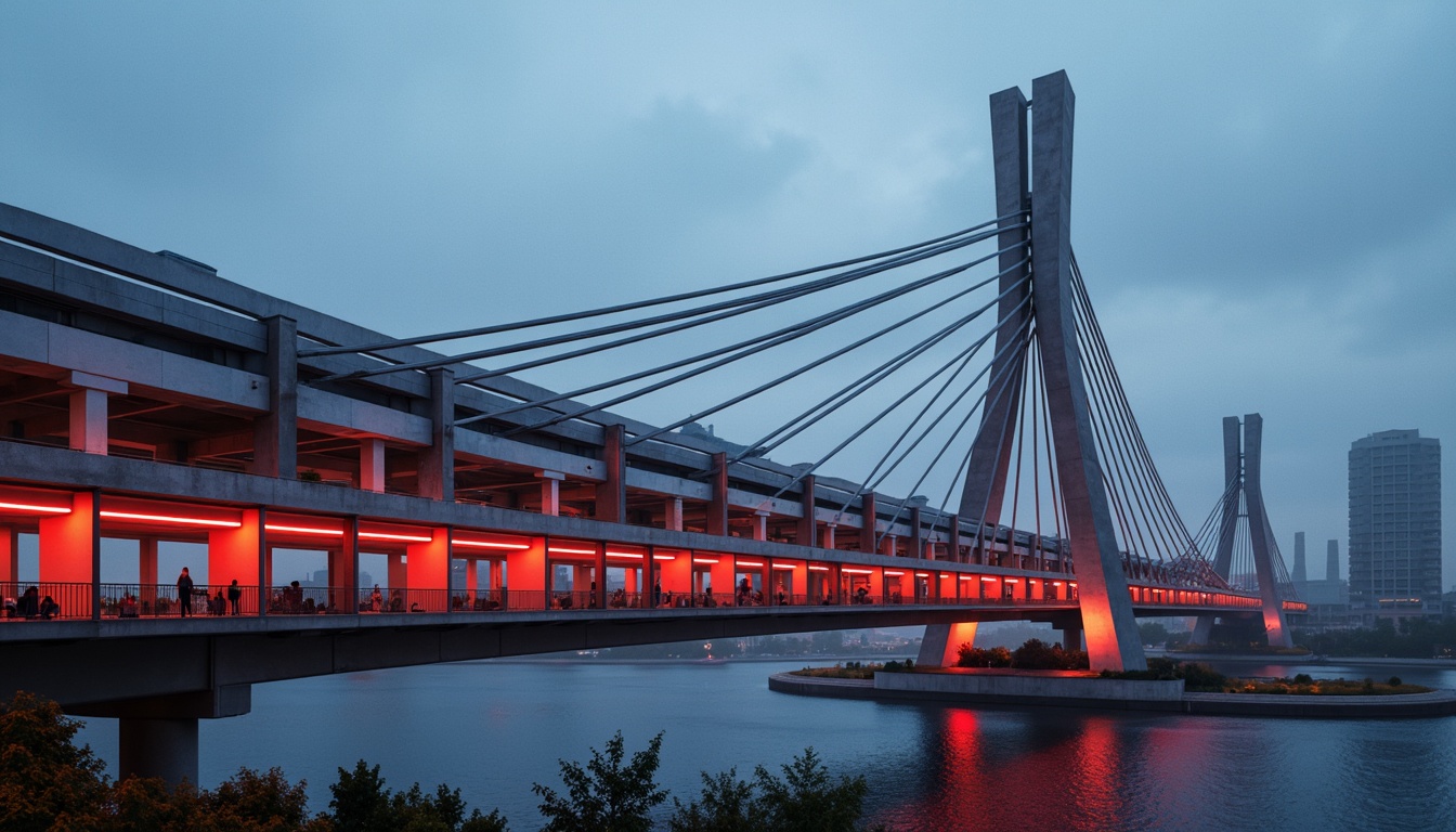 Prompt: Futuristic vehicular bridge, experimental architecture, sleek metal beams, dynamic curves, vibrant neon lights, urban cityscape, misty atmosphere, low-key lighting, shallow depth of field, 1/1 composition, cinematic view, realistic reflections, ambient occlusion, modern suspension systems, advanced cable-stayed design, innovative materials, high-strength concrete, stainless steel railings, minimalist walkways, pedestrian-friendly infrastructure, sustainable urban planning, eco-friendly transportation solutions.