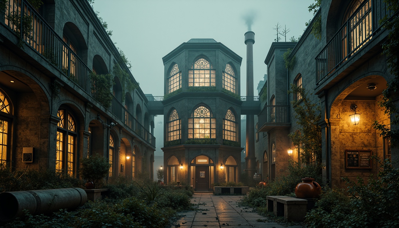 Prompt: Mysterious Gothic styled energy plant, industrial pipes, steam vents, foggy atmosphere, overgrown vegetation, vines on walls, crumbling stone fa\u00e7ade, intricate stained glass windows, ornate metalwork, misty morning, soft warm lighting, shallow depth of field, 1/2 composition, realistic textures, ambient occlusion, eerie silence, abandoned machinery, rusted equipment, moss-covered walkways, fog-lit lanterns, twisted tree branches, dark mysterious ambiance.