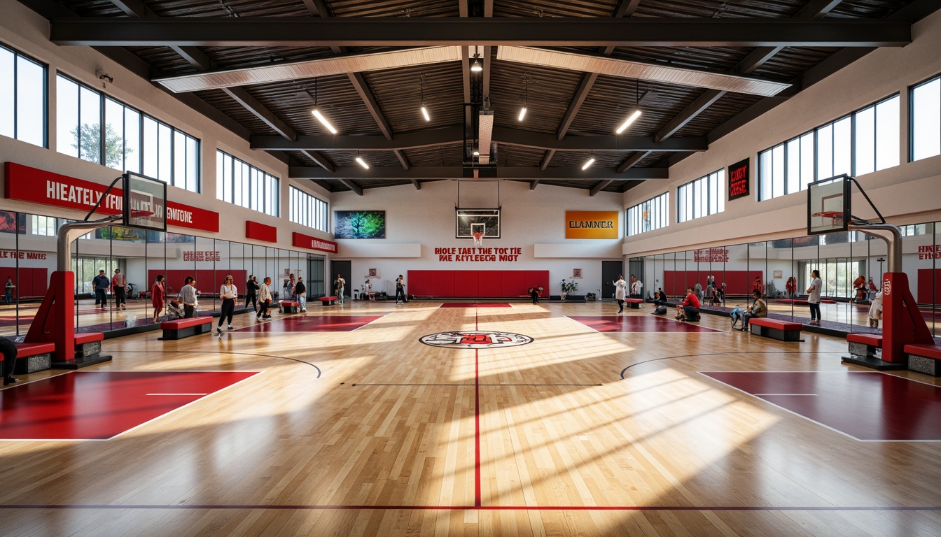 Prompt: Modern gymnasium interior, high ceilings, wooden flooring, basketball courts, sports equipment, vibrant team colors, natural light, large windows, sleek metal beams, dynamic spatial flow, open circulation paths, flexible seating areas, athletic tracks, climbing walls, mirrored workout zones, motivational quotes, bright LED lighting, shallow depth of field, 3/4 composition, realistic textures, ambient occlusion.