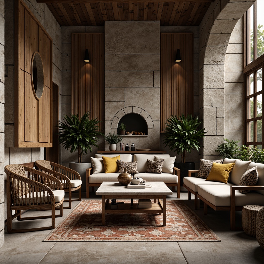 Prompt: Rough stone walls, weathered wood planks, rusty metal accents, woven wicker furniture, soft suede upholstery, intricate ceramic tiles, glossy marble countertops, natural fiber rugs, distressed leather textures, ambient occlusion, high-contrast lighting, shallow depth of field, 3/4 composition, realistic materials, detailed normal maps.