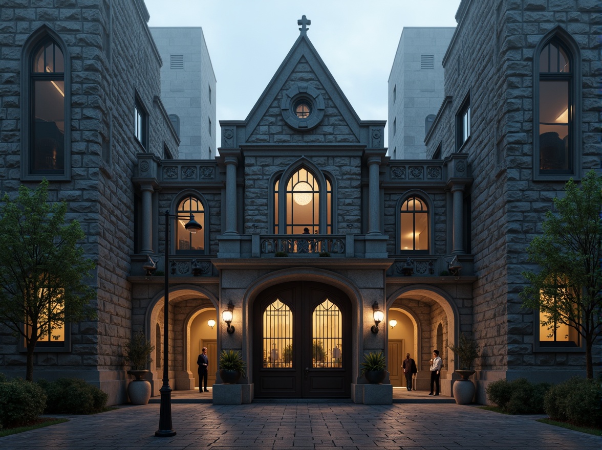 Prompt: Ornate Gothic Revival power plant facade, rugged stone walls, pointed arches, ribbed vaults, flying buttresses, stained glass windows, intricate carvings, ornamental gargoyles, grand entrance gates, imposing towers, misty atmospheric lighting, high contrast shadows, dramatic spotlighting, 1/2 composition, symmetrical framing, realistic stone textures, ambient occlusion.