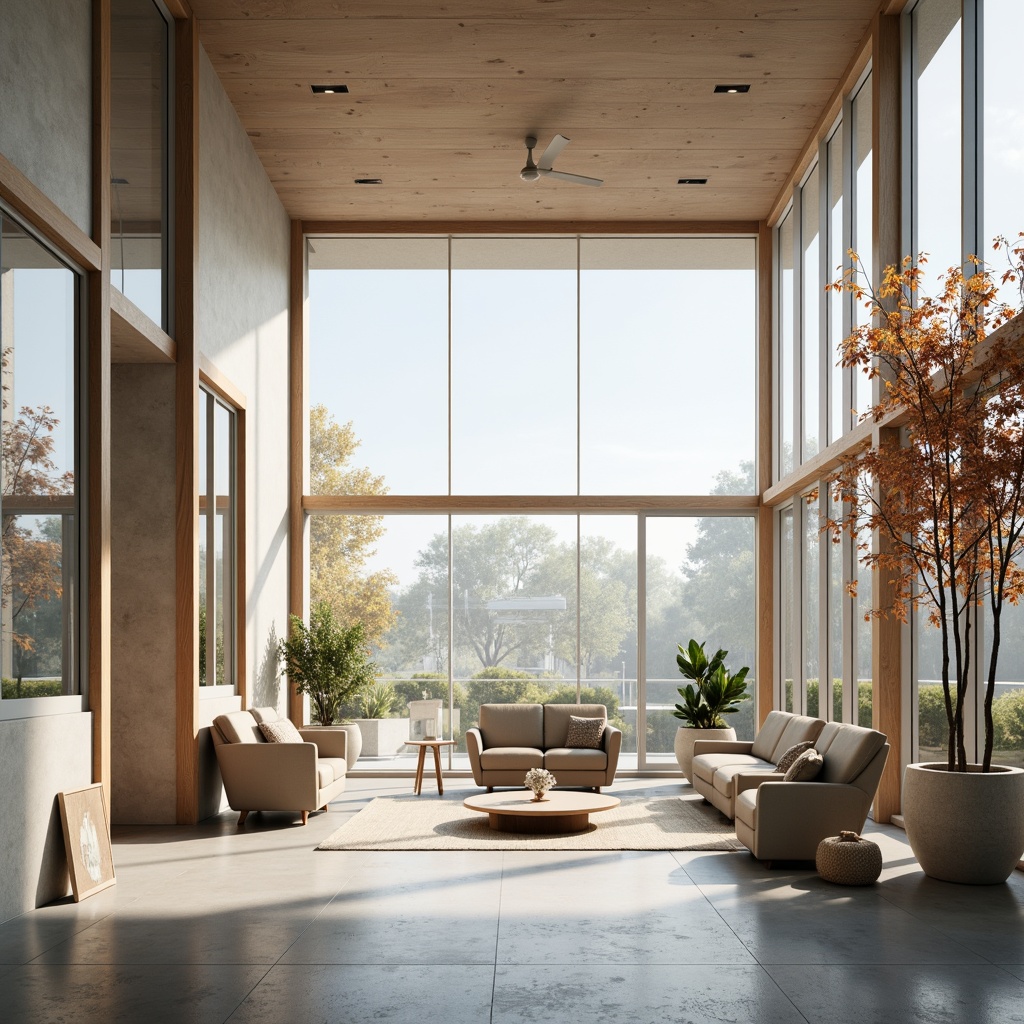 Prompt: Minimalist interior, abundant natural light, floor-to-ceiling windows, reflective surfaces, polished concrete floors, wooden accents, organic shapes, open-plan layout, modern furniture, airy atmosphere, subtle color palette, soft diffused lighting, 1/1 composition, shallow depth of field, realistic textures, ambient occlusion.