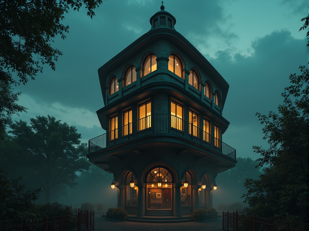 Prompt: Mysterious watching tower, eerie twilight atmosphere, warm golden lighting, rich turquoise accents, deep crimson hues, misty fog effects, rugged stone textures, intricate ironwork details, ornate Gothic arches, mysterious lanterns, dramatic cloud formations, cinematic composition, low-key lighting, atmospheric perspective, expressionist brushstrokes.