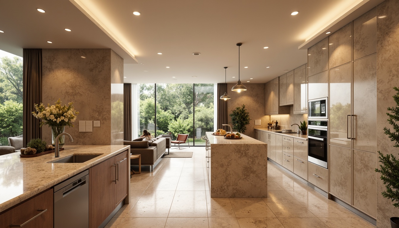 Prompt: Luxurious interior, polished granite countertops, natural stone flooring, warm beige tones, elegant kitchen islands, high-gloss cabinets, modern appliances, pendant lighting, spacious open-plan living areas, minimalist decor, earthy color palette, organic textures, 3/4 composition, softbox lighting, realistic reflections, ambient occlusion.