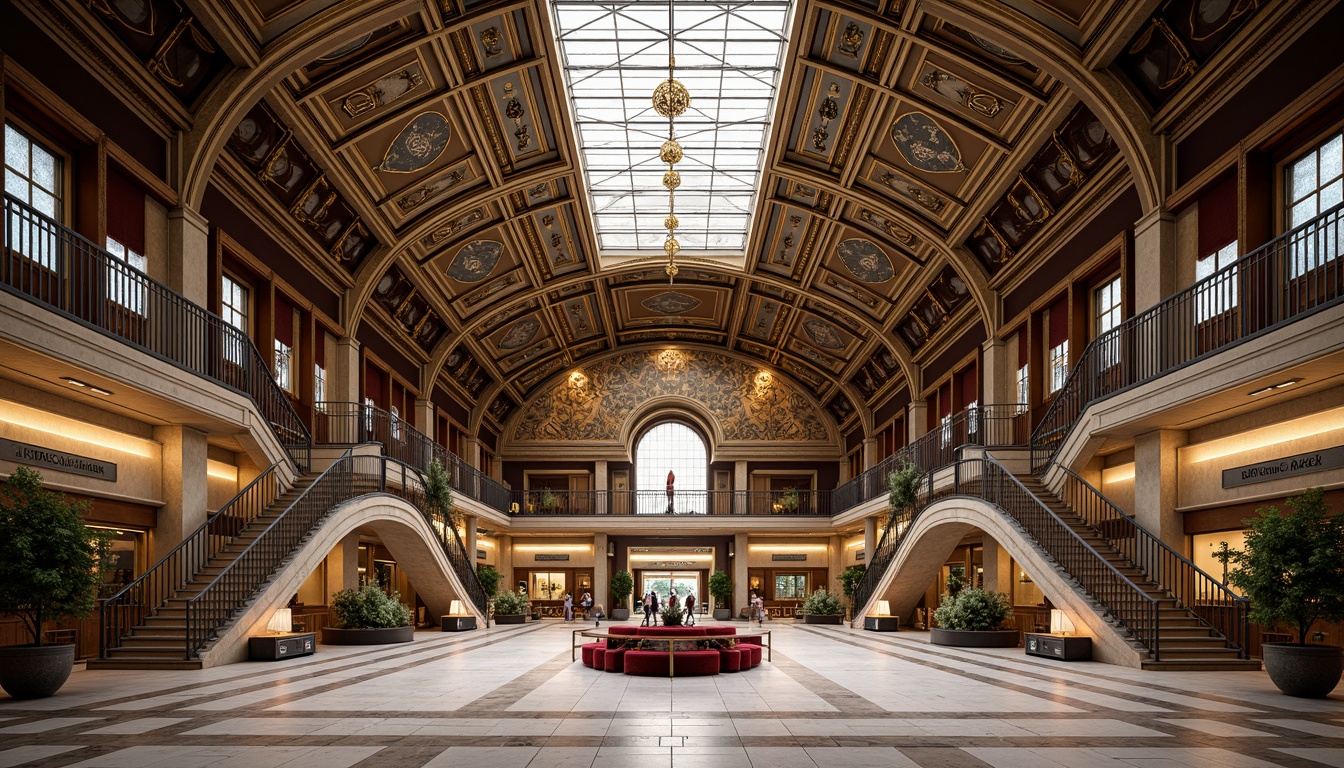 Prompt: Luxurious train station, ornate metalwork, geometric patterns, metallic materials, symmetrical compositions, grandiose chandeliers, intricate mosaics, polished marble floors, elegant staircases, curved lines, vibrant colors, luxurious textiles, opulent furnishings, dramatic lighting, shallow depth of field, 1/1 composition, symmetrical framing, realistic reflections, ambient occlusion.