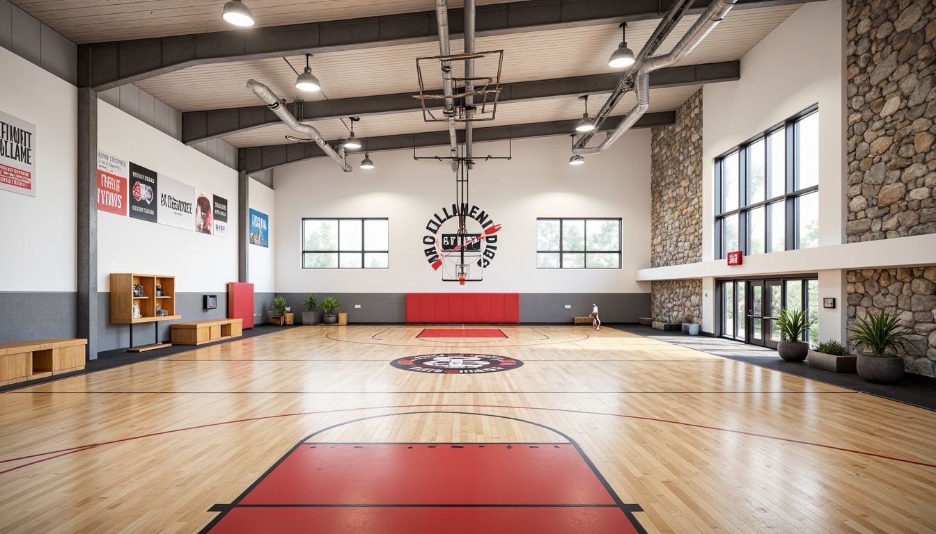 Prompt: Modern gymnasium interior, polished wooden flooring, bright white walls, high ceilings, exposed ductwork, industrial-style lighting fixtures, motivational quotes, athletic equipment displays, trophy cases, rubber sports flooring, vibrant team color accents, sleek metal beams, natural stone feature walls, floor-to-ceiling windows, abundant natural light, panoramic views, shallow depth of field, 1/1 composition, realistic textures, ambient occlusion.