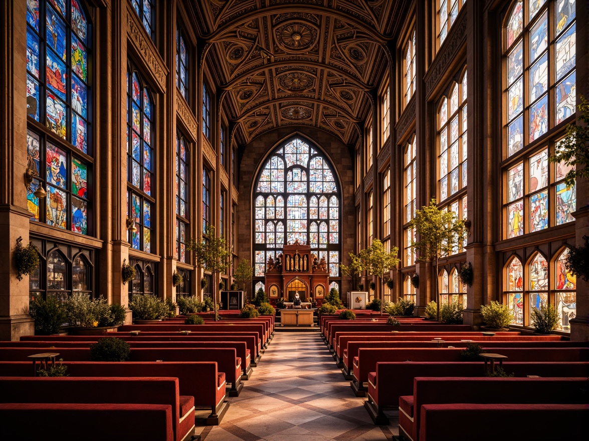 Prompt: Vibrant stained glass windows, ornate Art Deco patterns, opulent church interiors, grandiose vaulted ceilings, intricate geometric mosaics, rich jewel-toned colors, luxurious velvet fabrics, gilded accents, ornamental metalwork, symmetrical compositions, dramatic lighting effects, warm golden illumination, soft focus blur, 1/1 composition, realistic textures, ambient occlusion.