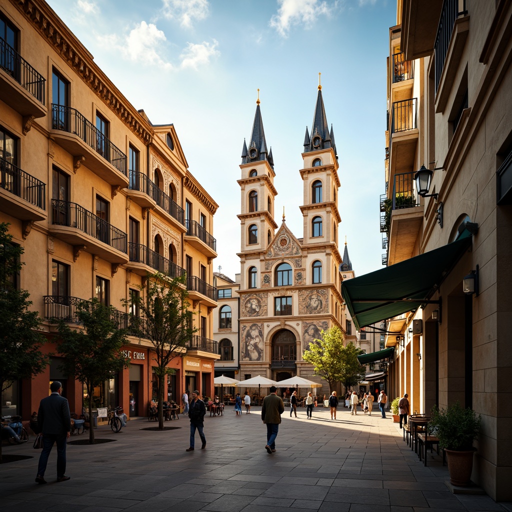 Prompt: Ornate market square, Renaissance-inspired facade, ornamental stonework, grand arches, decorative columns, intricate carvings, vibrant frescoes, ornate balconies, majestic clock towers, bustling street scene, lively atmosphere, warm golden lighting, soft focus effect, shallow depth of field, 1/2 composition, atmospheric perspective, realistic textures, ambient occlusion.