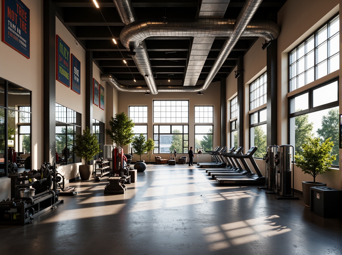 Prompt: Modern fitness center, industrial chic decor, exposed ductwork, polished concrete floors, mirrored walls, high ceilings, natural light, sleek metal equipment, vibrant color accents, motivational quotes, dynamic lighting systems, 3/4 composition, shallow depth of field, soft warm glow, realistic textures, ambient occlusion.