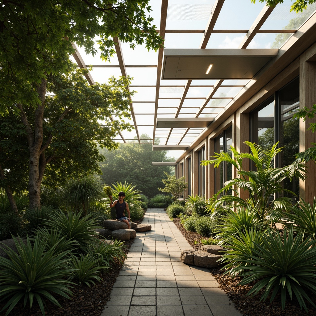 Prompt: Natural ventilation system, automated roof vents, side wall vents, evaporative cooling pads, misting systems, humid climate, tropical region, lush greenery, exotic plants, warm sunny day, soft natural lighting, 1/1 composition, shallow depth of field, realistic textures, ambient occlusion.