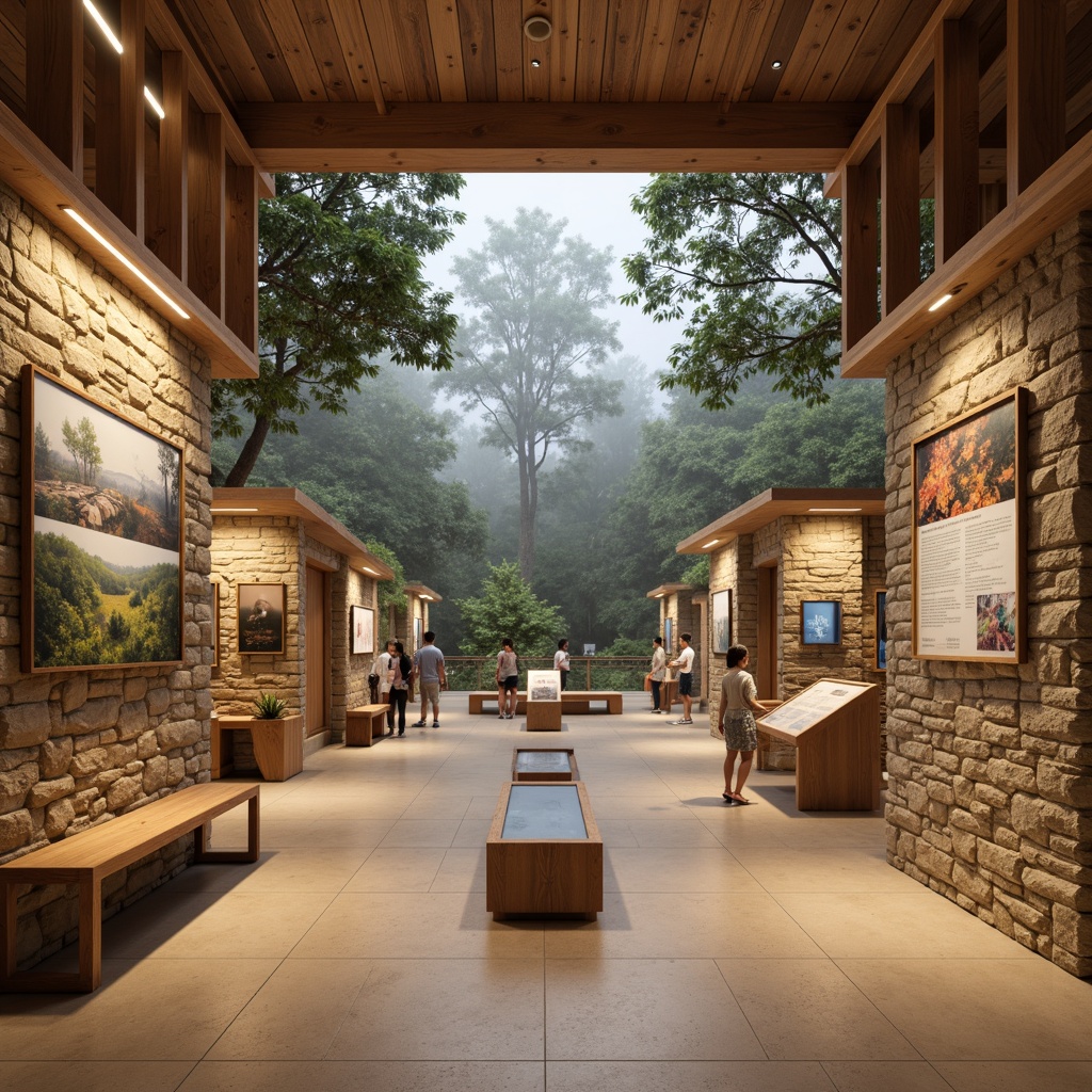 Prompt: Earth-toned visitor center, natural stone walls, wooden accents, warm beige flooring, informational signage, interactive exhibits, observation decks, panoramic views, surrounding forest landscapes, misty mornings, soft diffused lighting, 1/2 composition, shallow depth of field, realistic textures, ambient occlusion.