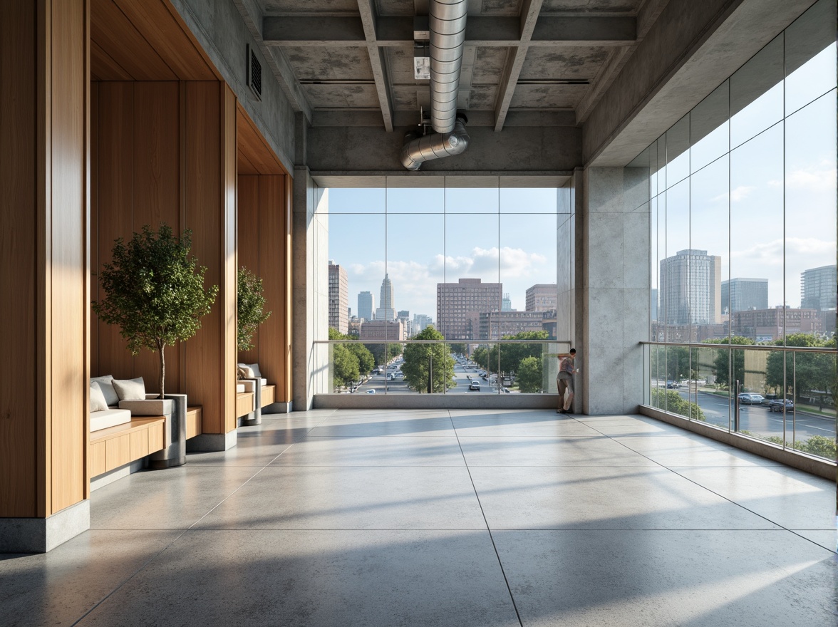 Prompt: Polished concrete walls, smooth granite floors, wooden accents, industrial metal beams, minimalist glass railings, sleek steel columns, exposed ductwork, neutral color palette, abundant natural light, rectangular forms, clean lines, urban cityscape, busy streets, modern skyscrapers, cloudy blue sky, soft box lighting, shallow depth of field, 2/3 composition, symmetrical framing, high-contrast textures, subtle ambient occlusion.