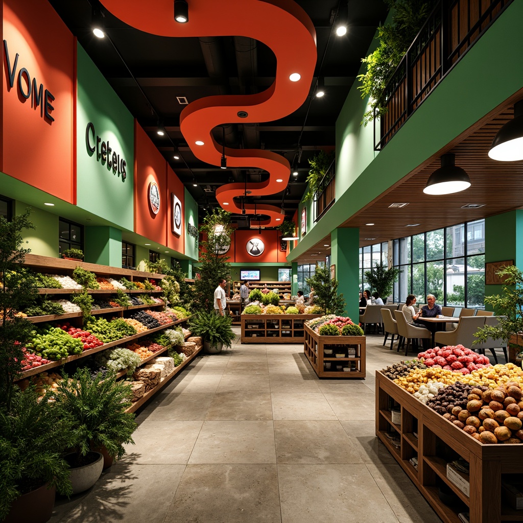 Prompt: Vibrant expressionist grocery store, abstract geometric shapes, bold color schemes, undulating curves, whimsical signage, eclectic architectural details, lush green walls, tropical plants, natural stone flooring, reclaimed wood accents, modern art installations, suspended lighting fixtures, dramatic shadows, moody atmospheric effects, cinematic composition, 1/1 aspect ratio, low-key lighting, subtle texture overlays.