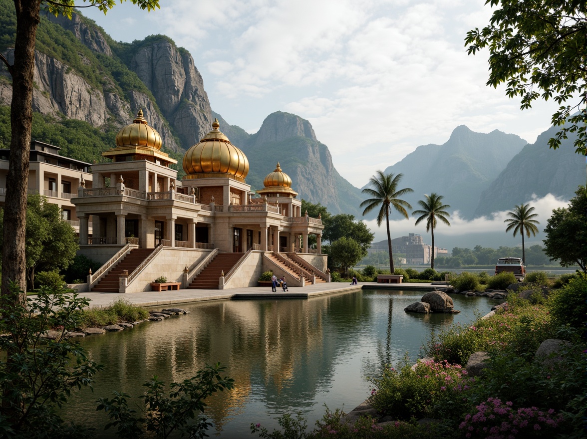 Prompt: Sacred temple, intricately carved stone walls, golden domes, majestic pillars, serene water features, lush greenery, vibrant flowers, natural rock formations, misty mountainside, peaceful ambiance, warm soft lighting, shallow depth of field, 3/4 composition, panoramic view, realistic textures, ambient occlusion, subtle fog effects, gentle breeze animation.