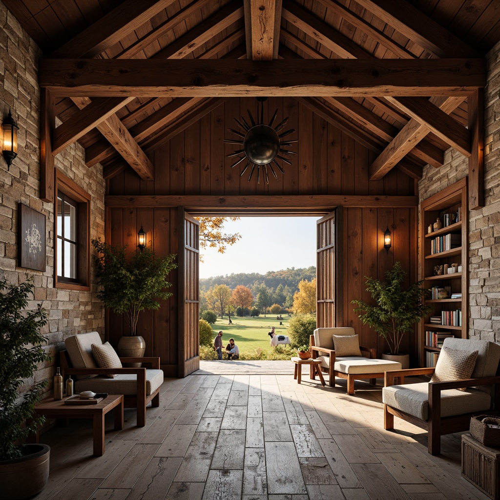 Prompt: Rustic barn, wooden accents, distressed finishes, earthy tones, natural stone walls, vintage farm equipment, classic lanterns, exposed beams, reclaimed wood floors, cozy reading nooks, warm soft lighting, intimate atmosphere, shallow depth of field, 1/1 composition, realistic textures, ambient occlusion, autumnal foliage, rolling hills, countryside scenery.