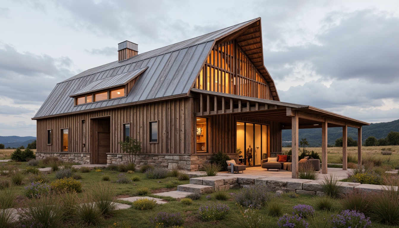 Prompt: Rustic barn, wooden accents, vintage roofing materials, corrugated metal sheets, exposed beams, reclaimed wood, natural stone foundations, rural landscape, rolling hills, cloudy sky, soft warm lighting, shallow depth of field, 3/4 composition, panoramic view, realistic textures, ambient occlusion, innovative truss systems, curved rooflines, asymmetrical design, clerestory windows, skylights, open interior spaces, minimalist decor, earthy color palette.