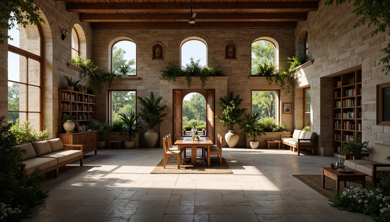 Prompt: Simplified monastery architecture, rustic stone walls, arched windows, wooden doors, tranquil courtyard, lush greenery, natural lighting, sparse decorations, neutral color palette, worn stone floors, wooden benches, traditional academic atmosphere, vintage bookshelves, classic library tables, soft warm lighting, shallow depth of field, 1/1 composition, realistic textures, ambient occlusion.