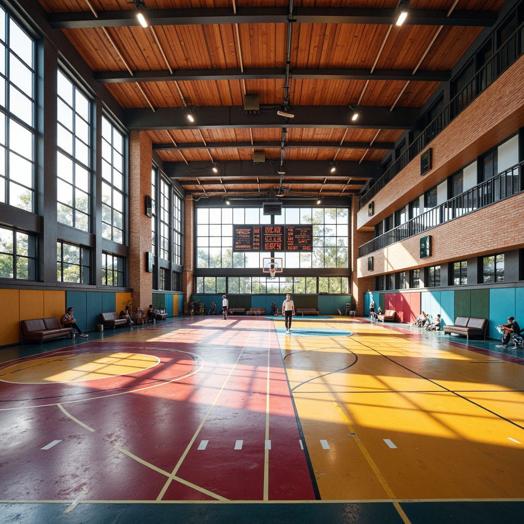 Prompt: Vibrant gymnasium interior, sports equipment, basketball hoops, tennis courts, athletic tracks, modern architectural design, large windows, natural light, soft warm lighting, shallow depth of field, 3/4 composition, panoramic view, realistic textures, ambient occlusion, colorful textile patterns, intricate geometric motifs, durable flooring materials, sound-absorbing acoustic panels, energetic color schemes, dynamic spatial layouts.