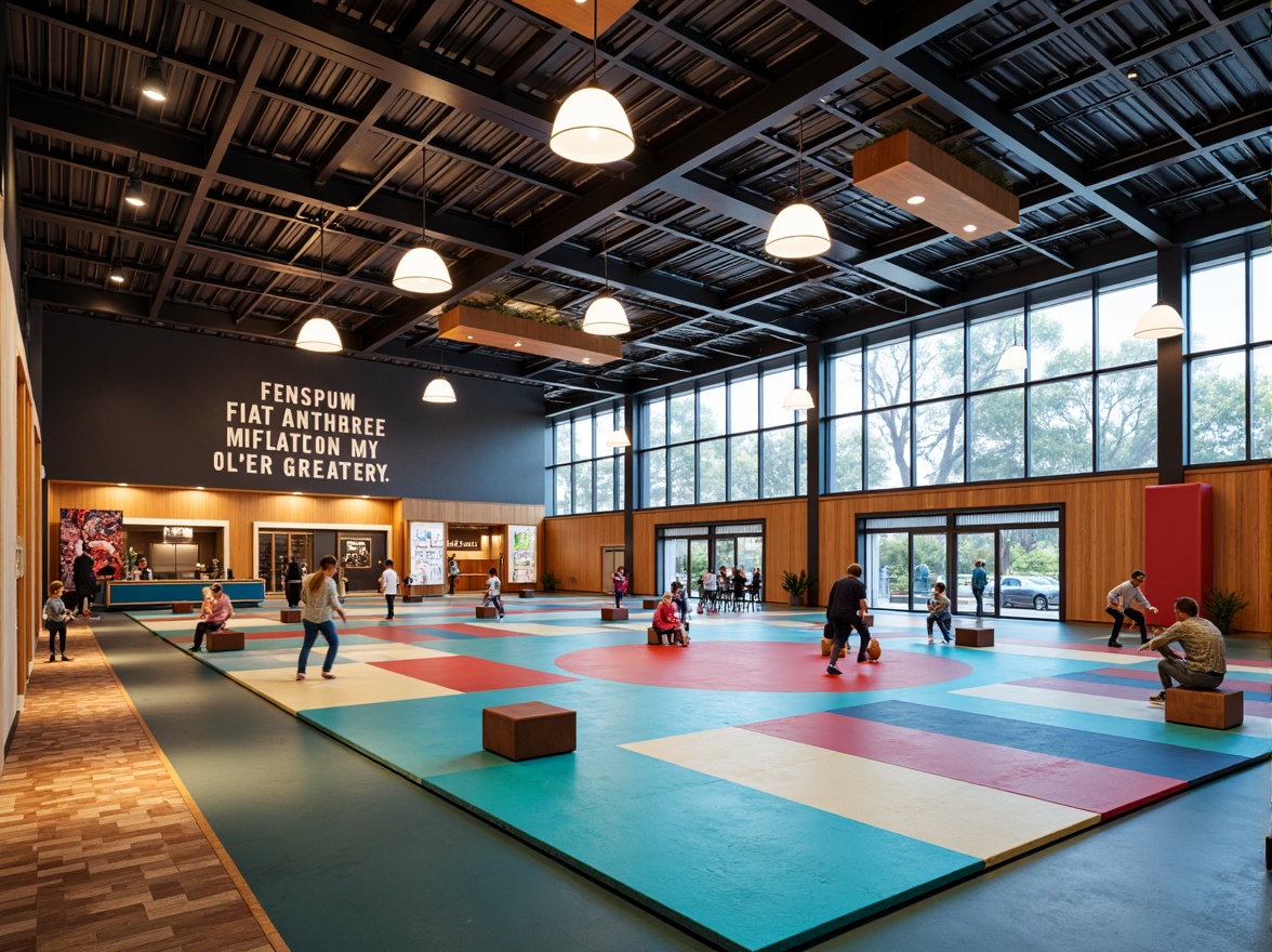 Prompt: Vibrant gymnasium interior, suspended athletic equipment, colorful sports mats, dynamic textile patterns, bold geometric shapes, modern LED lighting, sleek metal frames, glass walls, natural wood accents, airy open spaces, flexible seating areas, interactive digital displays, motivational quotes, ambient sound systems, 3/4 composition, shallow depth of field, realistic textures, soft warm lighting.Please let me know if this meets your requirements.