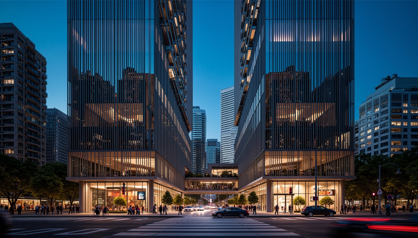 Prompt: Futuristic skyscraper, modernist facade design, sleek glass towers, metallic accents, angular lines, minimalist aesthetic, urban cityscape, busy streets, cosmopolitan atmosphere, vibrant neon lights, nighttime scenery, shallow depth of field, 1/1 composition, symmetrical framing, high-contrast lighting, realistic reflections, ambient occlusion.