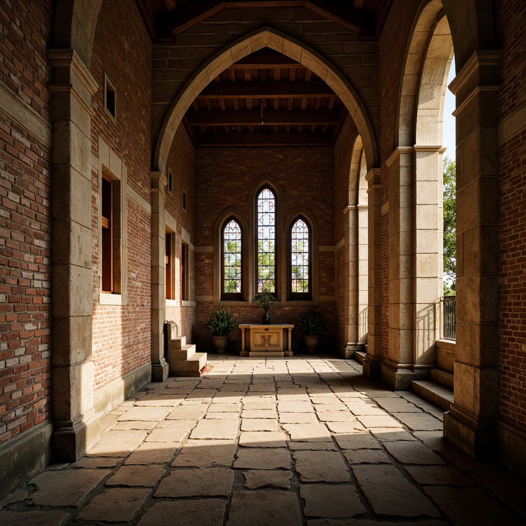 Prompt: Ancient stone church, rustic masonry walls, weathered brick facades, ornate stone carvings, stained glass windows, vaulted ceilings, grand arches, intricate stone patterns, worn stone flooring, dimly lit interiors, warm golden lighting, dramatic shadows, shallow depth of field, 1/2 composition, symmetrical framing, realistic textures, ambient occlusion.