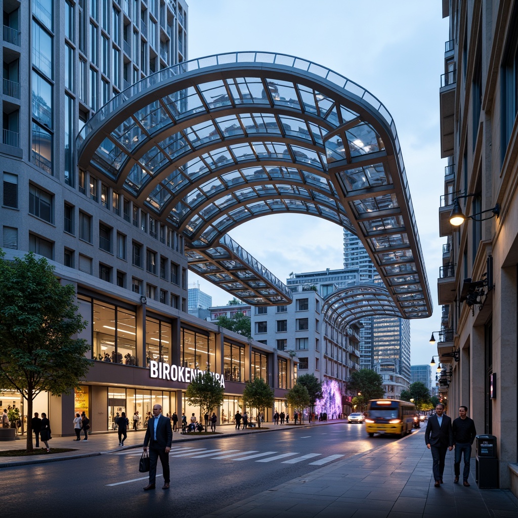 Prompt: Modern bus station, curved steel structures, cantilevered roofs, transparent glass facades, sleek aluminum frames, urban landscape, busy streets, pedestrian walkways, public art installations, dynamic LED lighting, futuristic atmosphere, shallow depth of field, 1/1 composition, high-angle shot, realistic reflections, ambient occlusion.