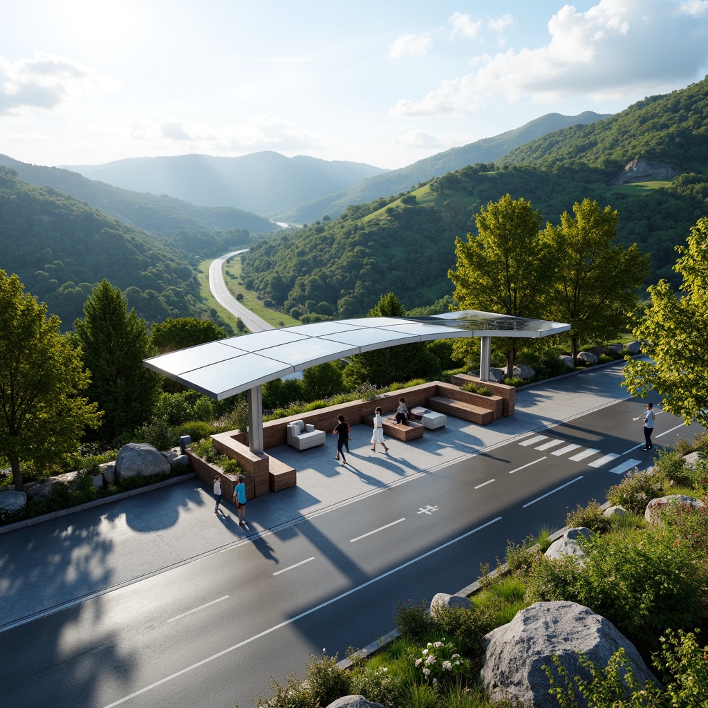 Prompt: \Scenic highway, rolling hills, lush greenery, modern charging station, sleek metal canopies, solar panels, LED lighting, curved lines, minimalist design, eco-friendly materials, natural stone walls, wooden accents, comfortable seating areas, ambient occlusion, shallow depth of field, 3/4 composition, panoramic view, realistic textures.\