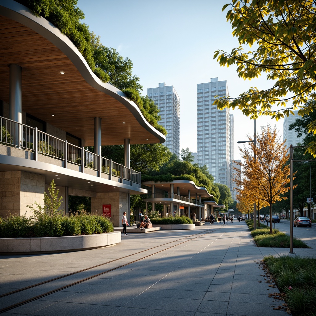 Prompt: Vibrant tram station, modern architecture, curved lines, green roofs, integrated landscape design, lush vegetation, natural stone walls, wooden accents, ample daylight, soft warm lighting, shallow depth of field, 3/4 composition, panoramic view, realistic textures, ambient occlusion, urban scenery, busy streets, cityscape views, tram tracks, public art installations, seating areas, pedestrian walkways.