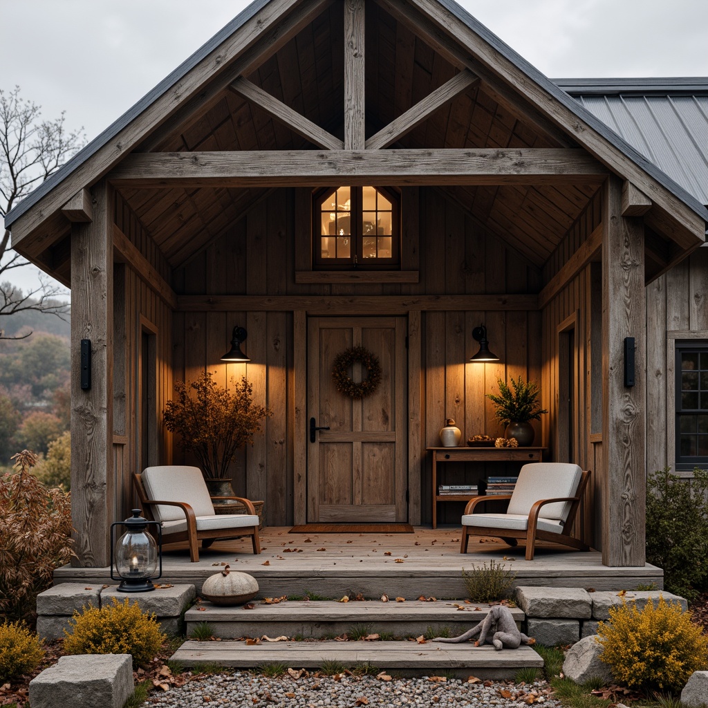 Prompt: Rustic barn, wooden accents, vintage farm tools, earthy tones, weathered wood planks, natural stone foundations, metal roofing, distressed finishes, ornate ironwork, classic lanterns, cozy reading nooks, warm soft lighting, shallow depth of field, 1/2 composition, realistic textures, ambient occlusion, autumnal landscape, rolling hills, scattered trees, overcast sky, soft misty atmosphere.