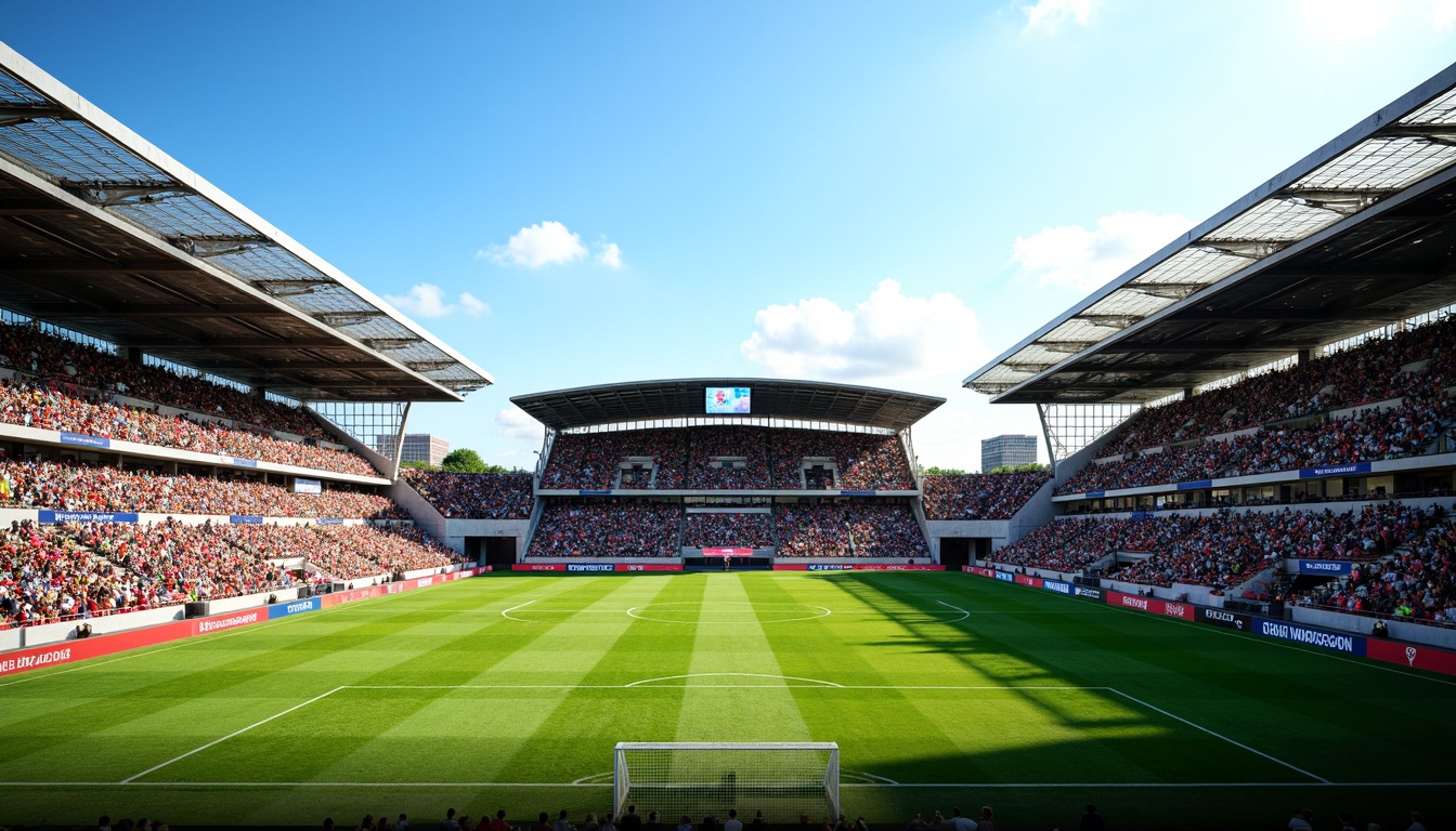 Prompt: Soccer stadium, asymmetrical seating arrangement, curved stands, green grass pitch, white goalposts, vibrant team colors, dynamic crowd atmosphere, sunny day, clear blue sky, modern architecture, cantilevered roofs, sleek metal beams, transparent glass facades, spacious concourses, food and beverage kiosks, restrooms, emergency exit signs, electronic scoreboards, floodlights, 3/4 composition, low-angle shot, shallow depth of field, realistic textures, ambient occlusion.