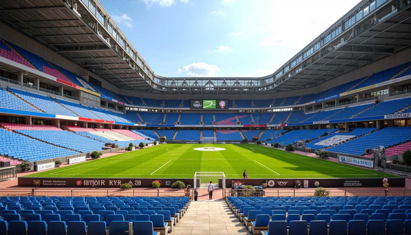 Prompt: Vibrant stadium atmosphere, electric blue seats, bright green grass, warm beige concrete, metallic silver railings, dynamic LED lighting, bold red accents, neutral gray flooring, modern curved architecture, sleek glass facades, open-air design, sunny day, soft natural light, shallow depth of field, 1/2 composition, panoramic view, realistic textures, ambient occlusion.